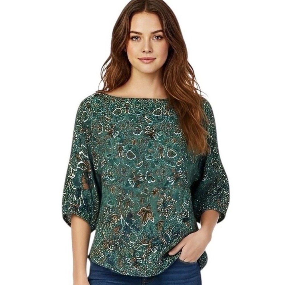 Loft Cottagecore Puff Sleeve Blouse Top Green Floral Paisley Peasant S Petite